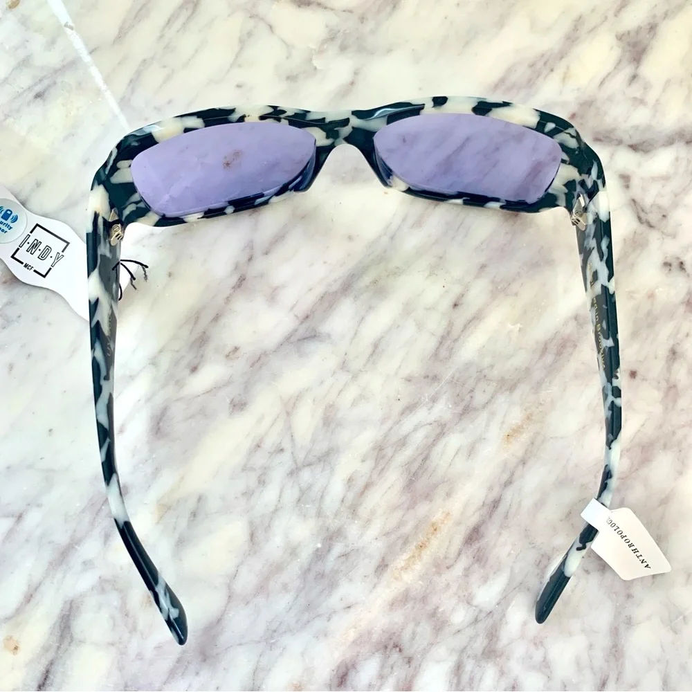 INDY Maui Sunglasses in Black White Marble Tortoise Blue Lens Anthropologie - Picture 11 of 16